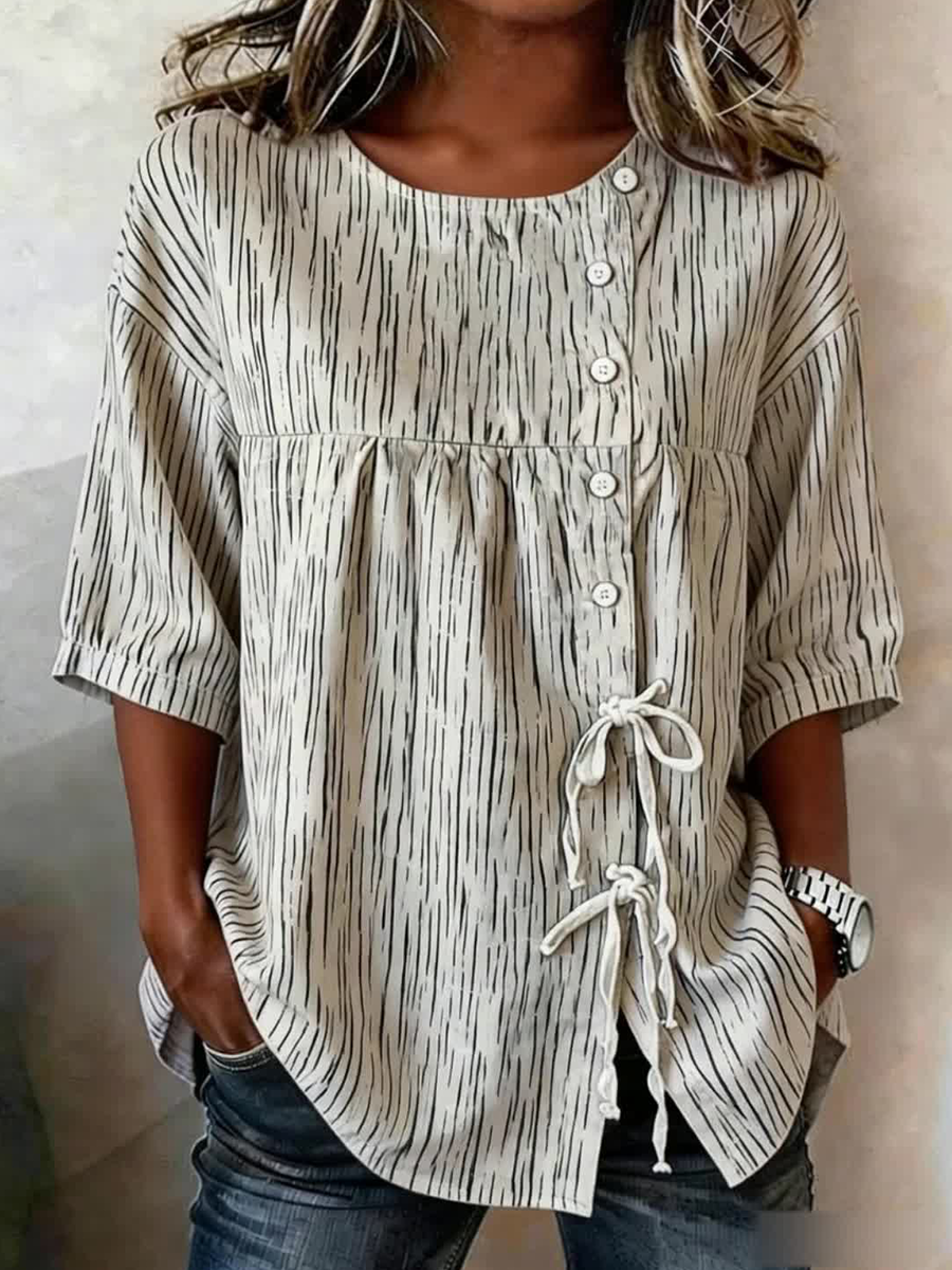 Women's Striped Floral Buttoned and Pointed Linen Blend Shirt