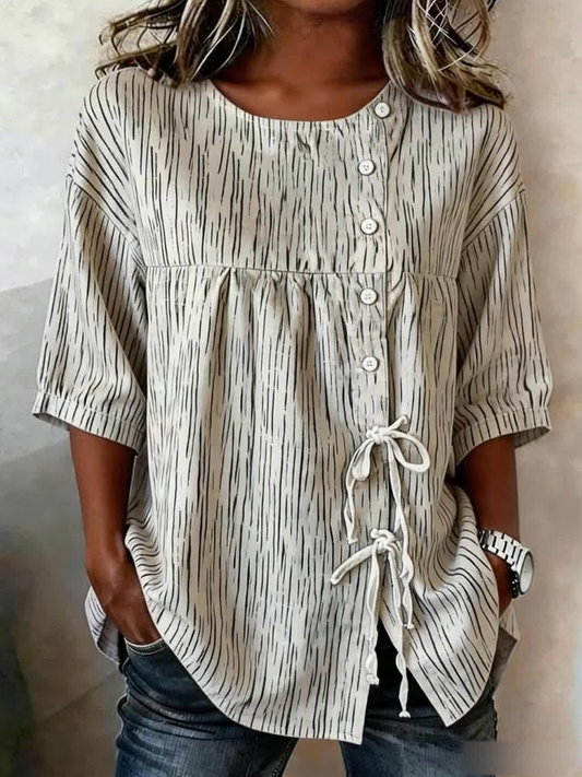Women's Striped Floral Buttoned and Pointed Linen Blend Shirt