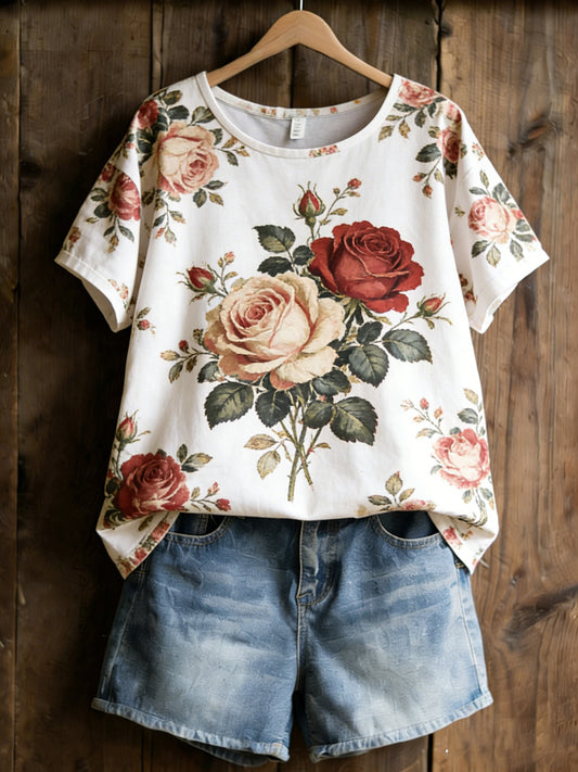 Women's shirt with printed plant and floral pattern, casual style