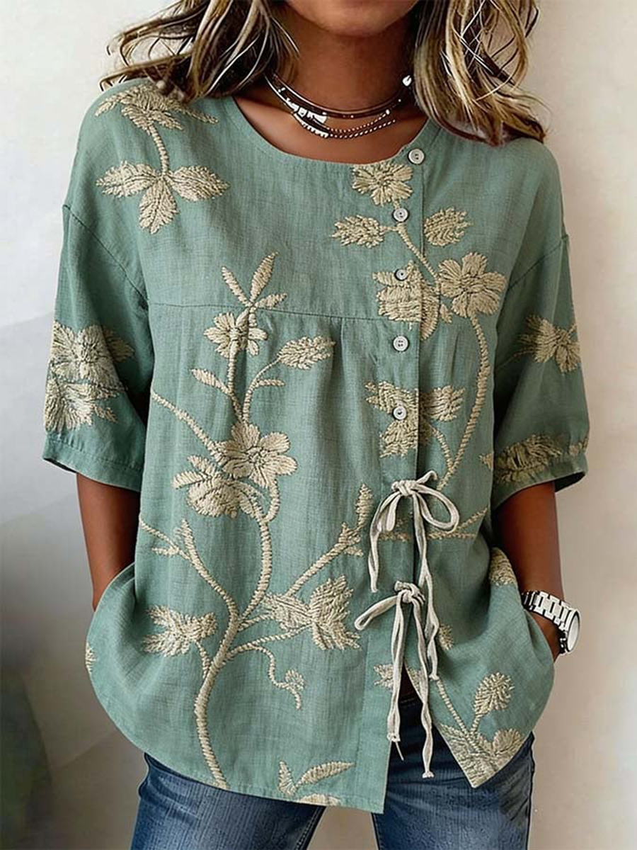 Women's Plants and Flowers Buttoned and Lace Linen Blend Shirt