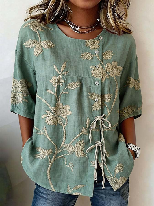 Women's Plants and Flowers Buttoned and Lace Linen Blend Shirt