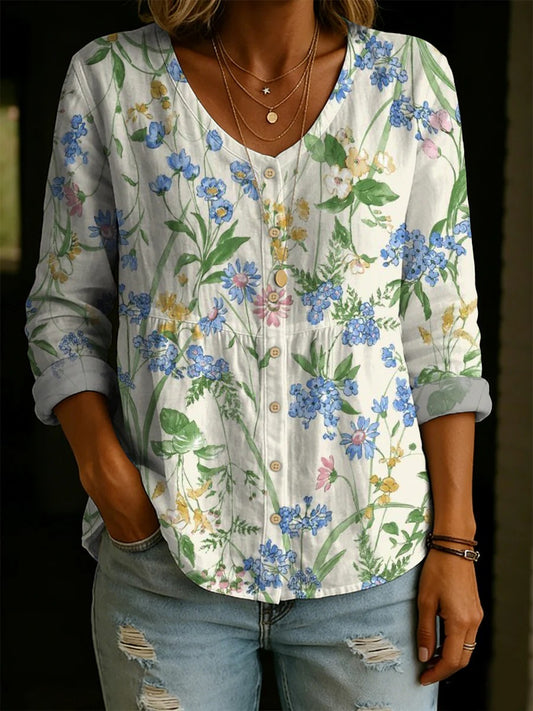 Women's Floral Pattern Art Print Casual Cotton Linen Shirt