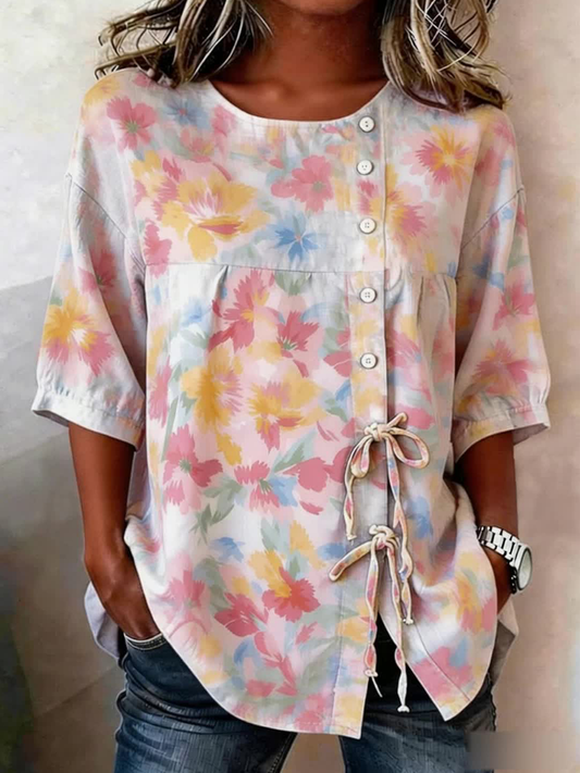 Women's linen blend shirt with buttons and lace, adorned with plants and flowers