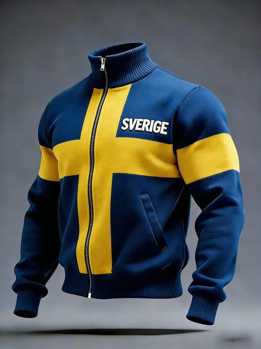 Retro Viking Swedish flag badge casual sporty stand-up collar jacket