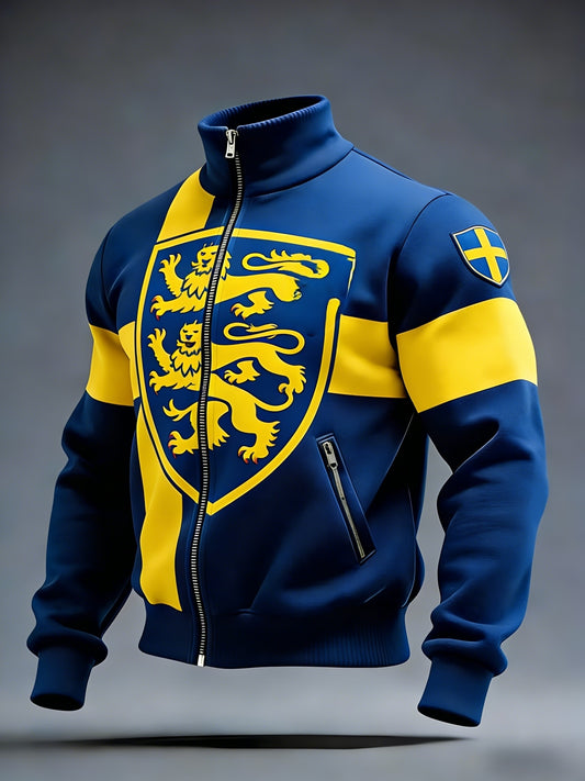 Retro Viking Swedish Flag Patch Casual Sporty Stand Collar Jacket