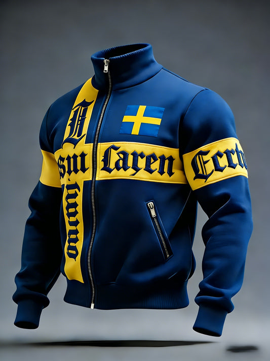Retro Viking Swedish flag badge casual sporty stand-up collar jacket