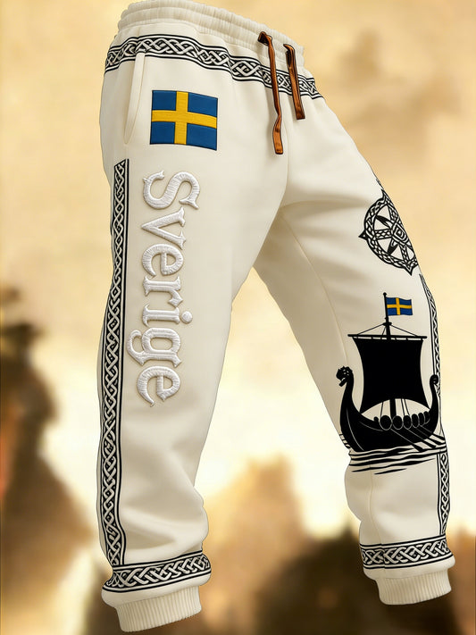 Men's Retro Viking Swedish Flag Patch Casual Trousers