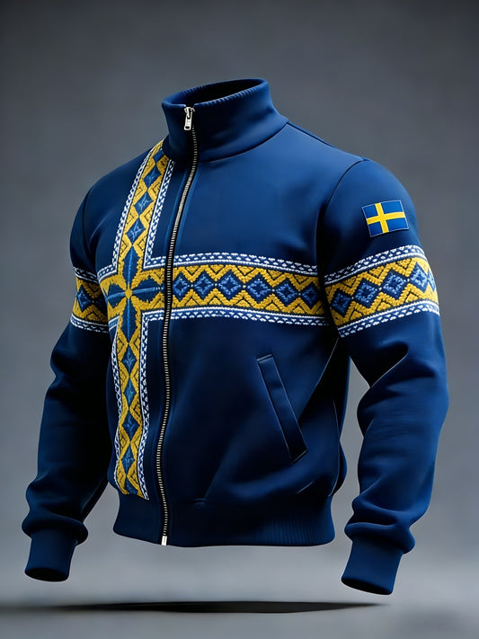 Retro Viking Swedish flag badge casual sporty stand-up collar jacket