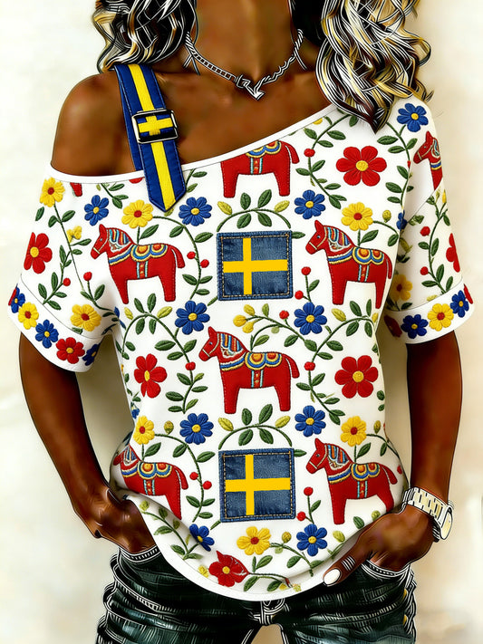 Women's Swedish Style Dala Horse Print T-Shirt