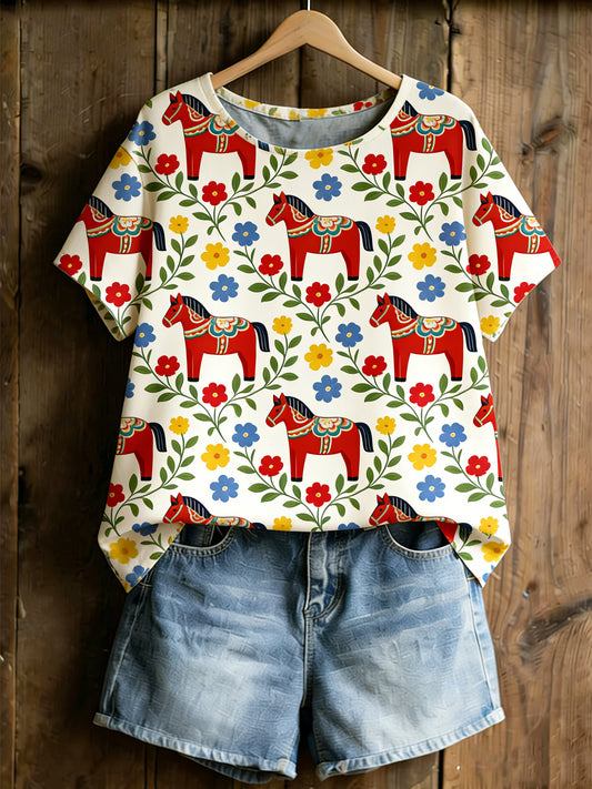 Women's Swedish-Style Dala Horse Print T-Shirt