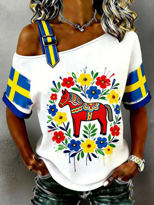 Damer T-shirt med svensk stil och Dalahästtryck