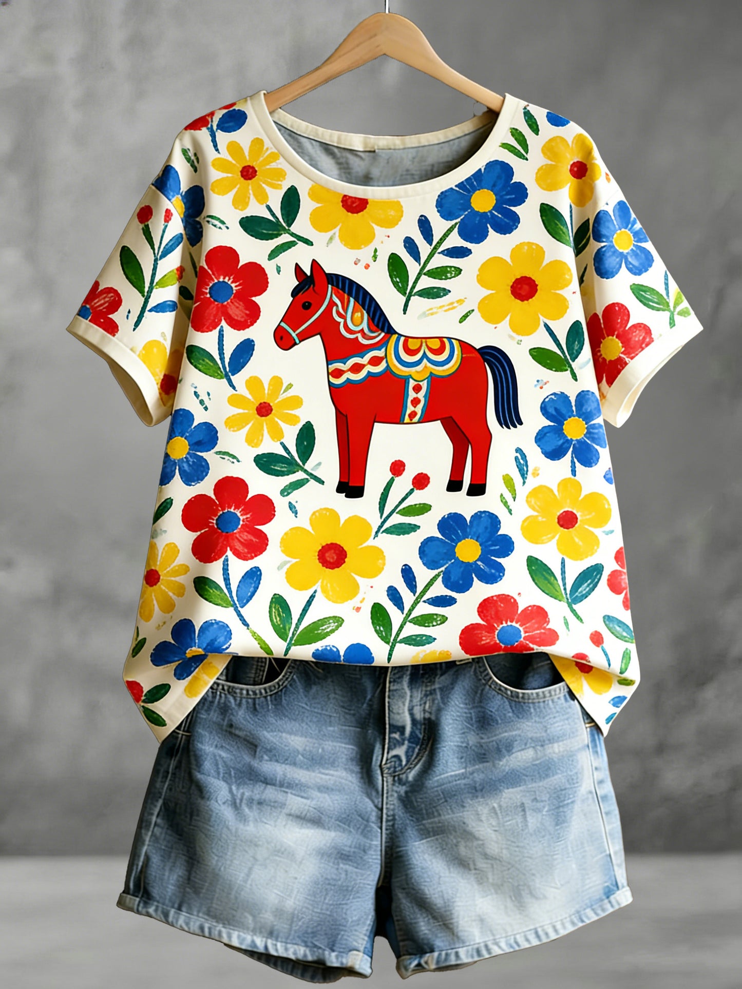 Kvinnors svensk-stil Dala Häst Tryck T-shirt