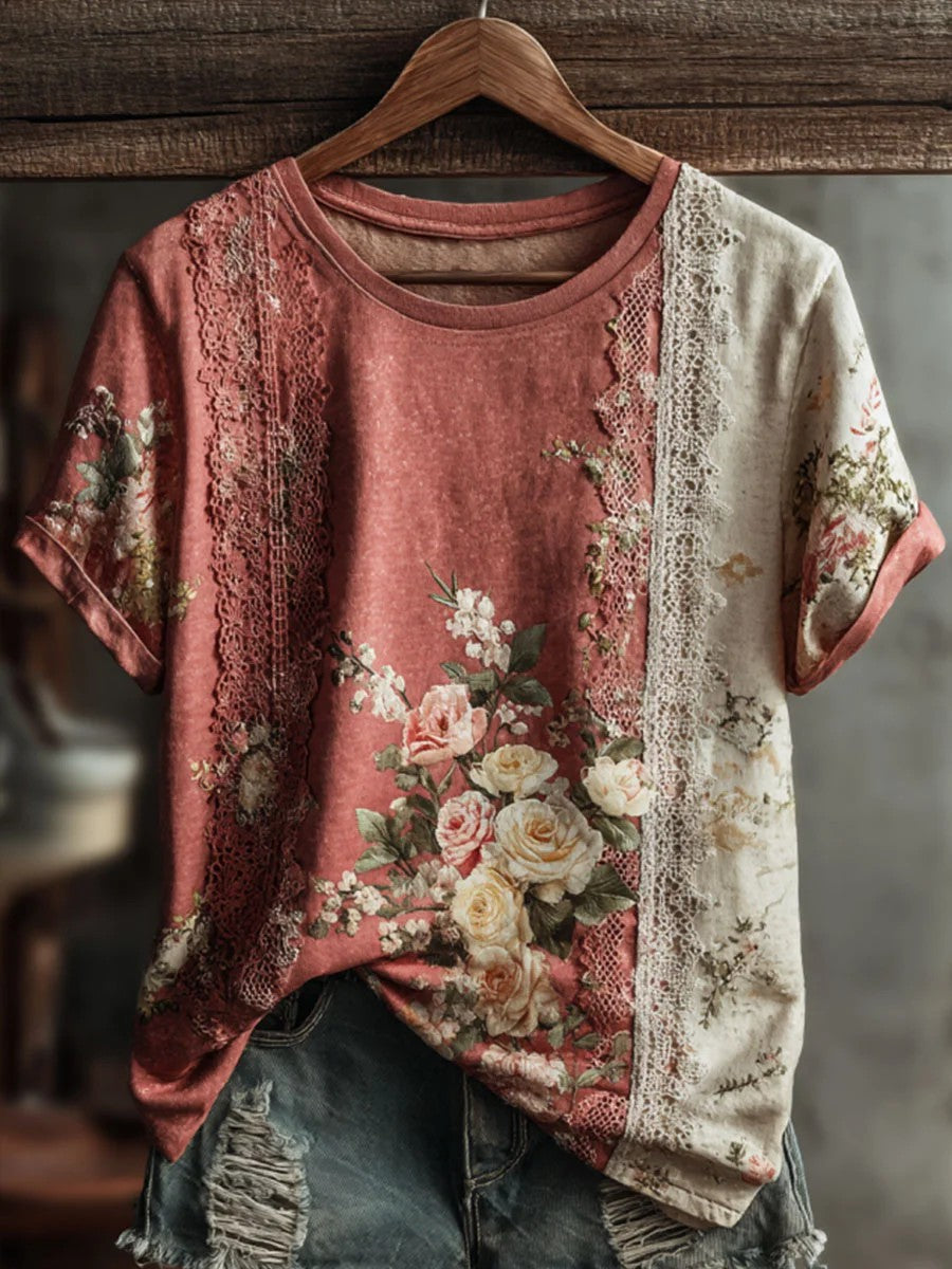 Dams vintage blommig konsttryckt casual t-shirt med korta ärmar