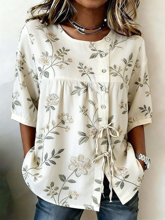Women's linen blend shirt with buttons and a plant and flower pattern