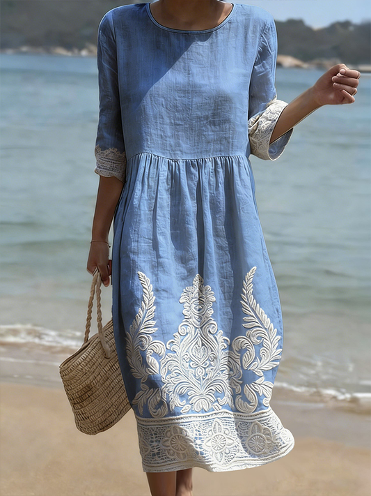 Women's Growth and Bloom Print Round Neck Linen Blend Midi Dress