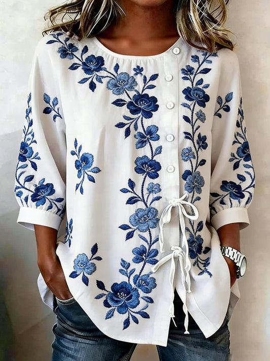 Women's floral linen blend button-down shirt