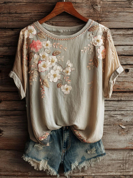 Women's Vintage Floral Art Print Casual Short Slim T-shirt