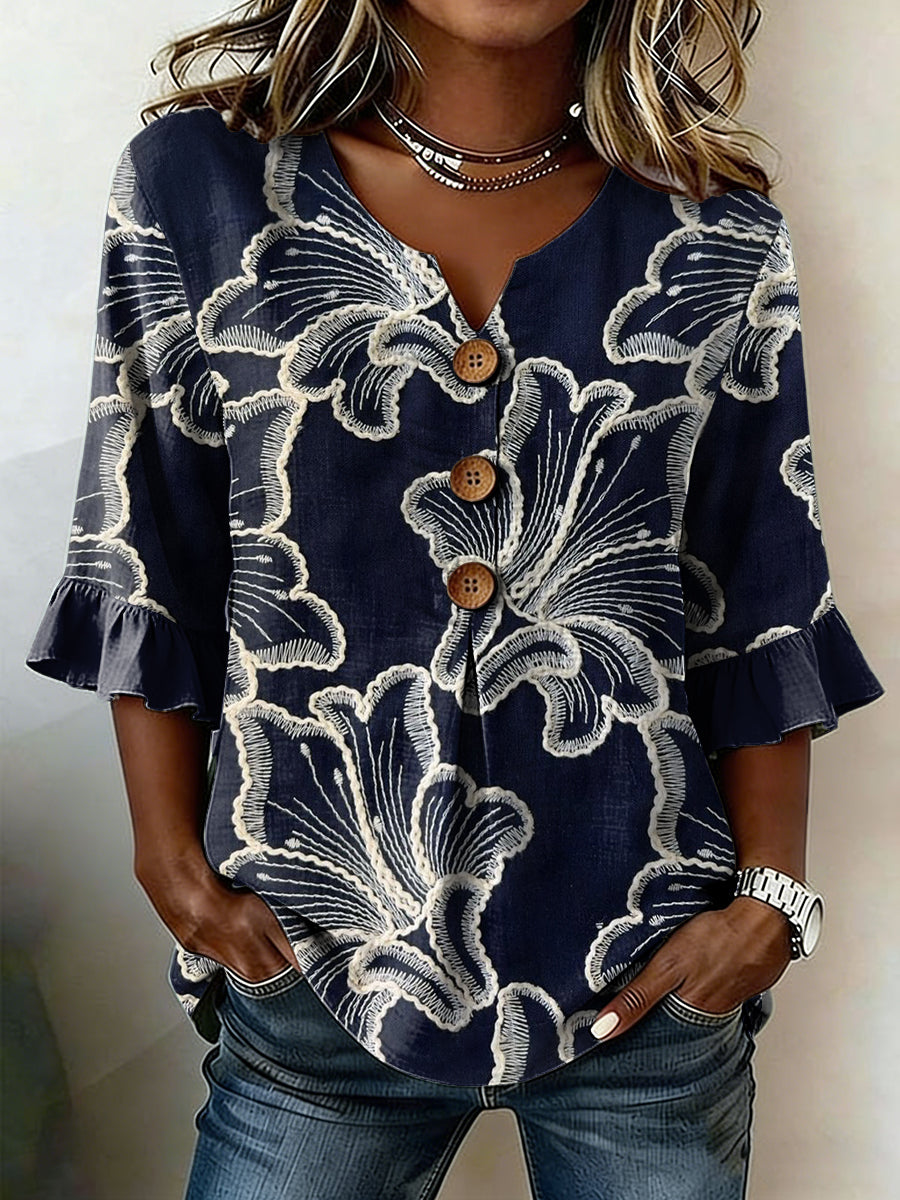 Kvinnors Casual Floral Lin tröj