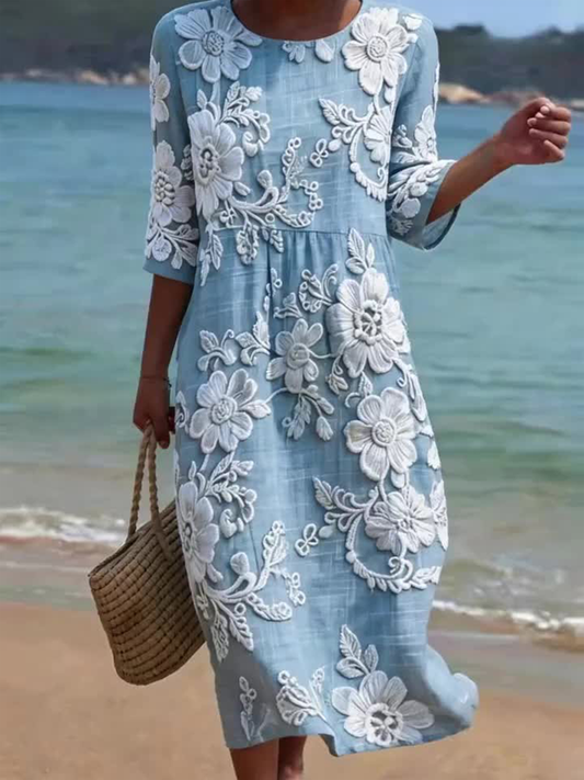 Women's Plant & Flower Print Round Neck Linen Blend Mid-Length Dress