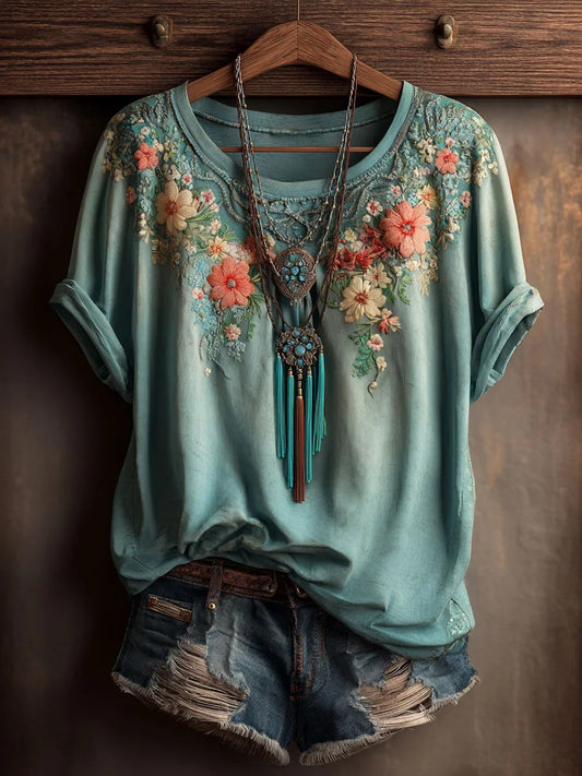Women's Vintage Floral Print Casual Short Sleeve T-Shirt