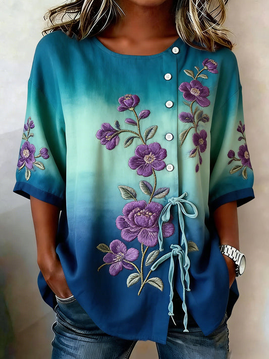 Women's floral linen blend shirt with buttons