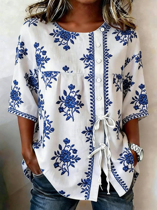 Women's floral linen blend shirt with buttons