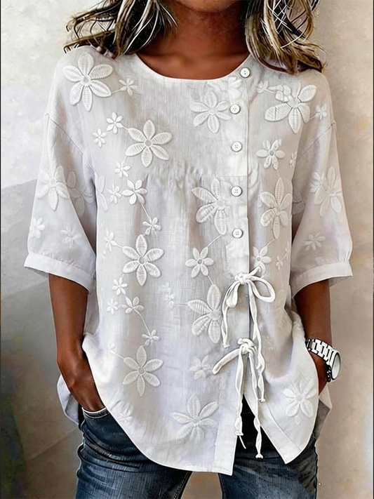 Women's Floral Buttoned and Notched Linen Blend Shira