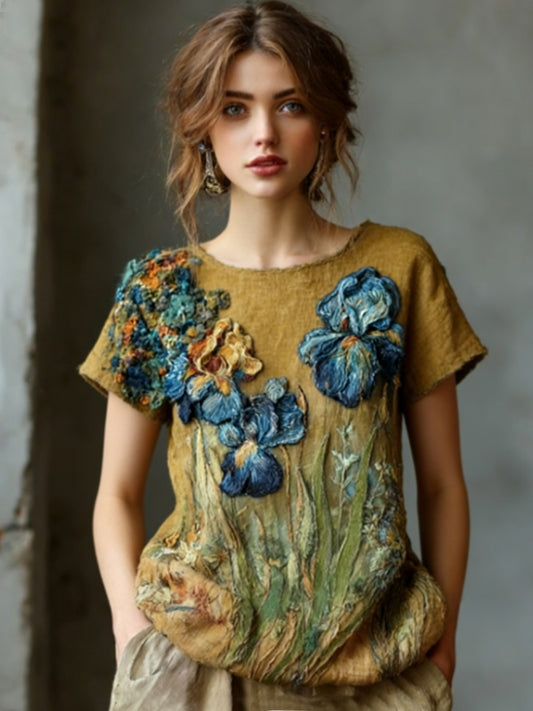Women's linen shirt with a loose fit, embroidered with oil-painted irises, in a relaxed style