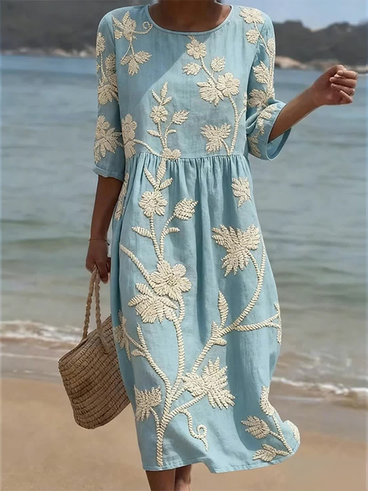 Women's Growth and Bloom Print Round Neck Linen Blend Midi Dress