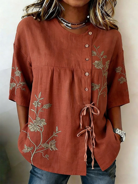 Women's linen blend shirt with buttons and a plant and flower pattern