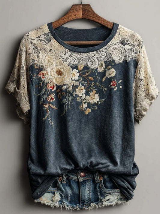 Women's Vintage Floral Art Print Casual Short Sleeve T-Shirt
