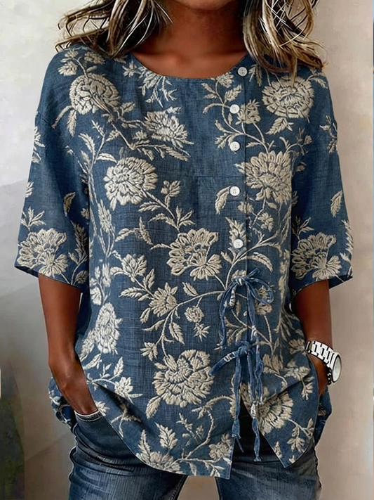 Women's linen blend shirt with buttons and lace, adorned with plants and flowers