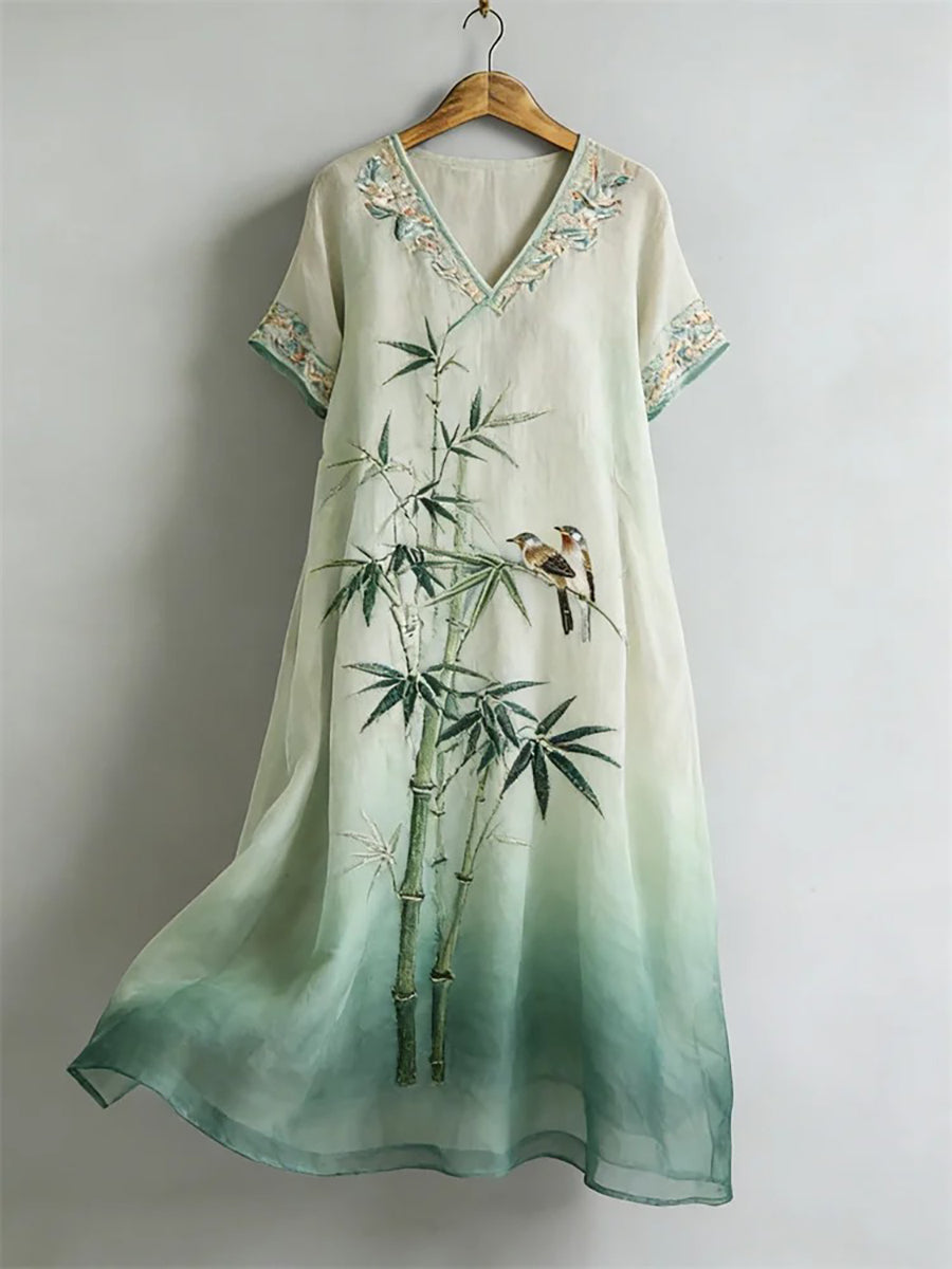Damen Elegant Japansk Landskapskonst Linneklänning