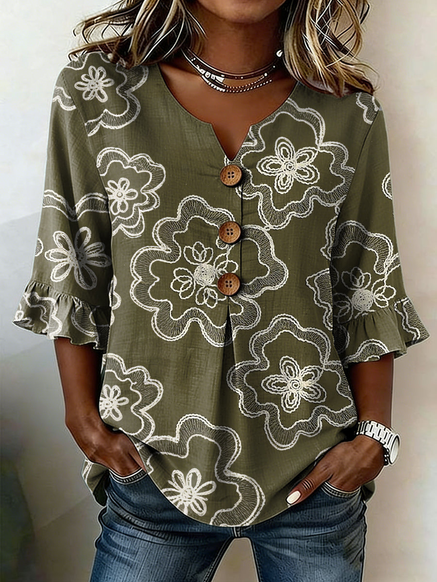Kvinnors Casual Floral Lin tröj