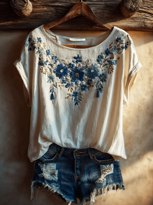 Women's vintage floral art print short sleeve casual t-shirt