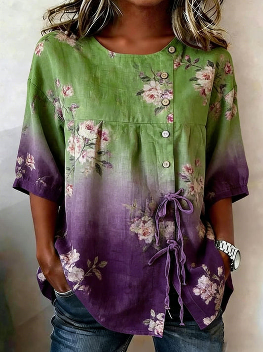 Women's floral linen blend shirt with buttons