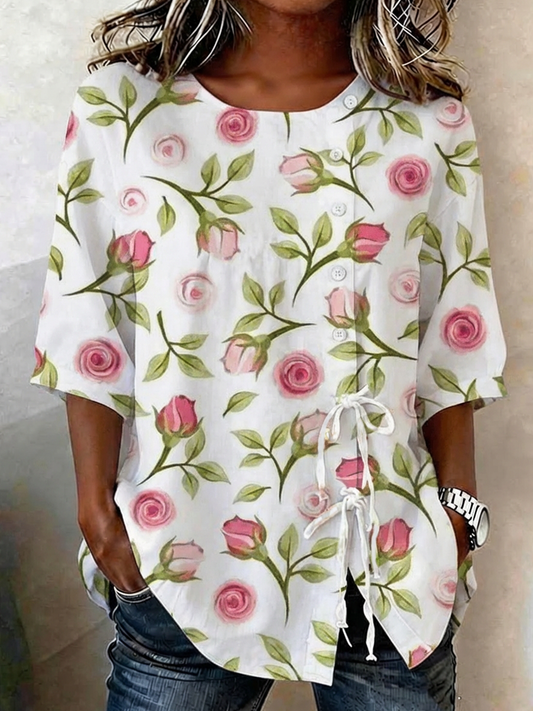 Women's linen blend shirt with buttons and lace, adorned with plants and flowers