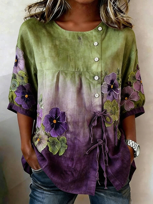 Women's floral linen blend button-down shirt
