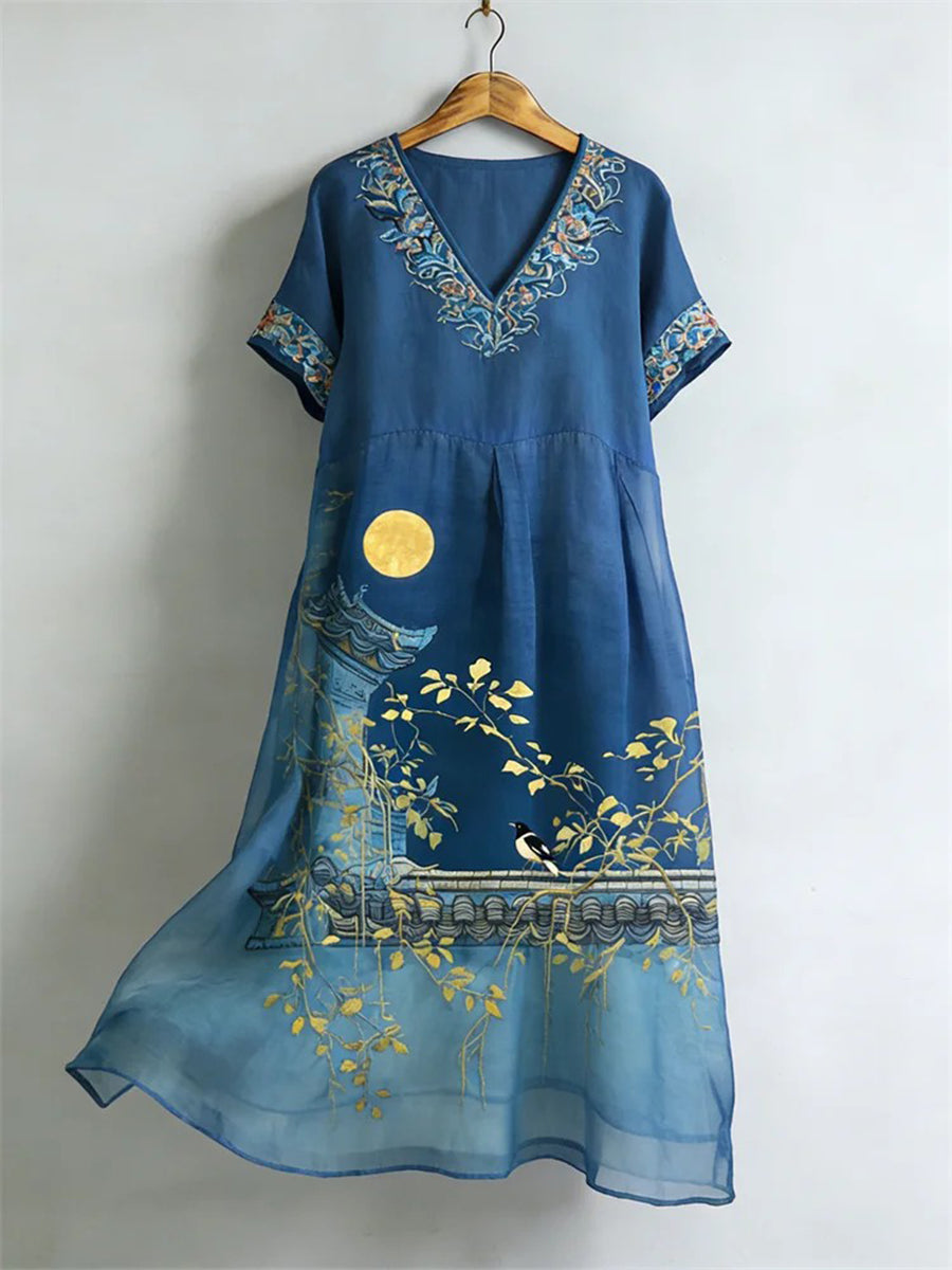 Damen Elegant Japansk Landskapskonst Linneklänning