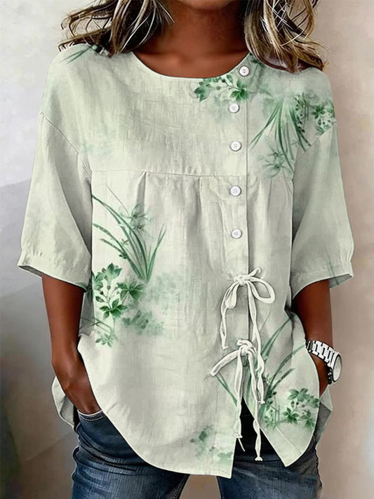 Women's Plants & Flowers Buttoned Linen Blend Shirt