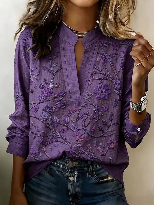 Women's floral pattern linen blend V-neck shirt