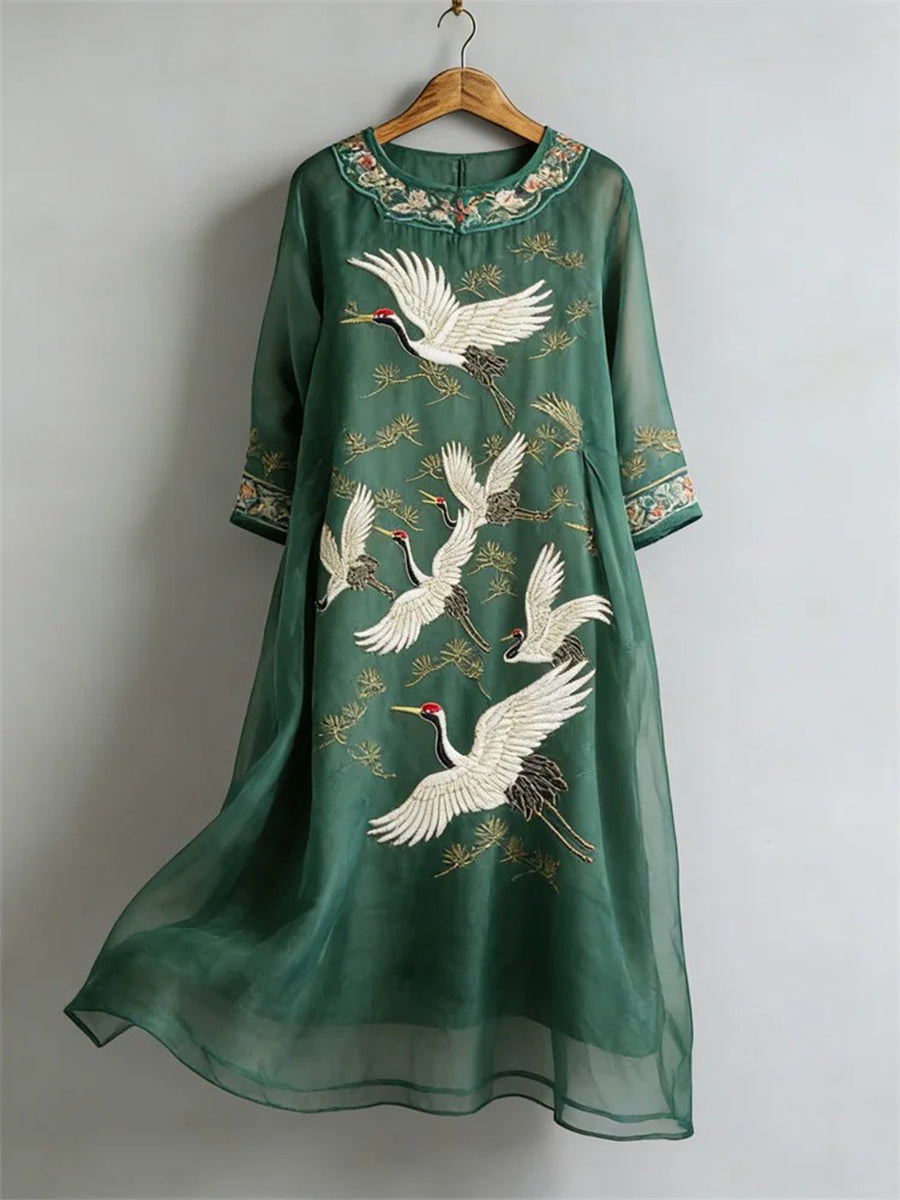 Damen Elegant Japansk Landskapskonst Linneklänning