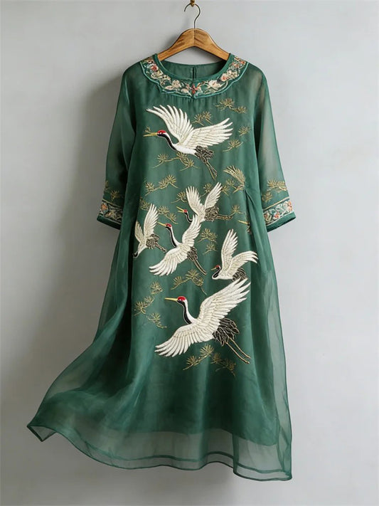 Women's Elegant Japanese Landscape Art Linen Dress