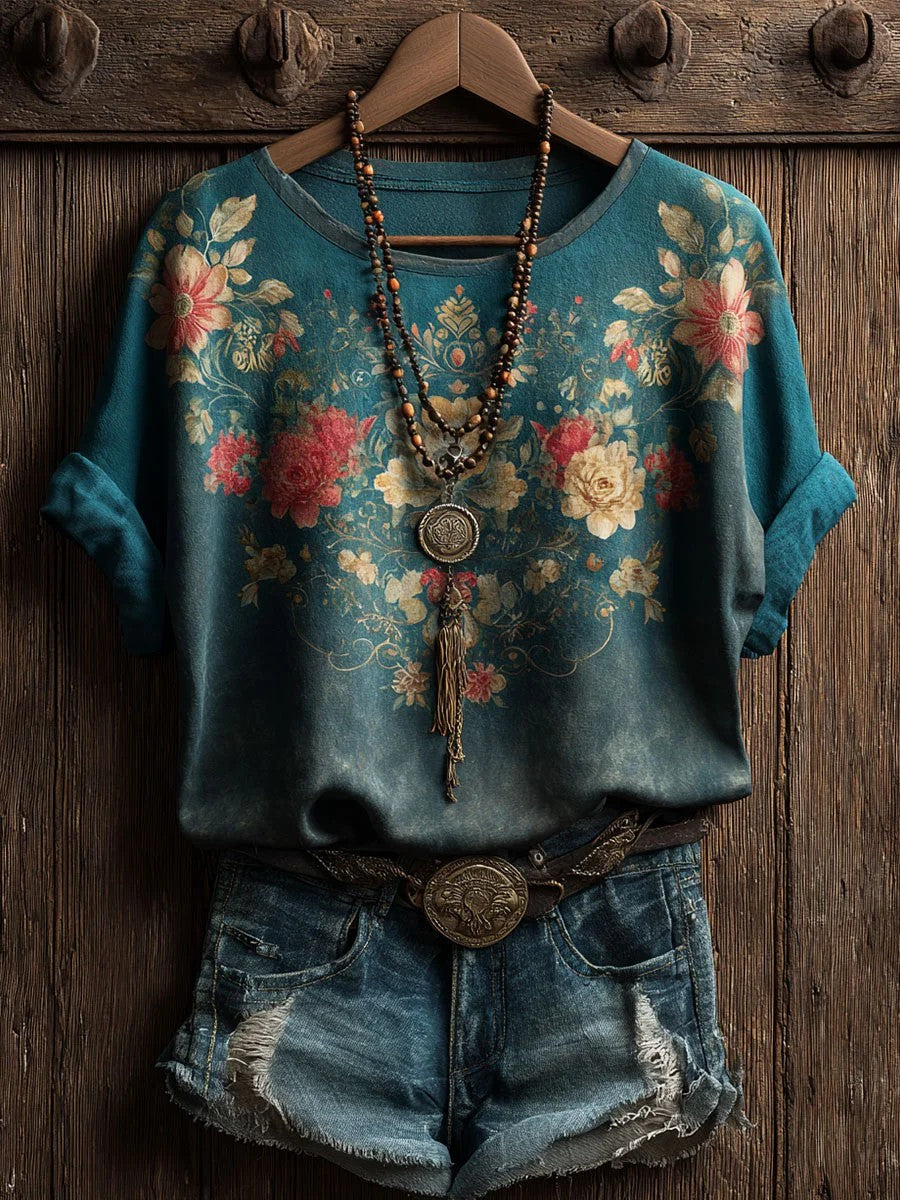Women's vintage floral art print short sleeve casual t-shirt