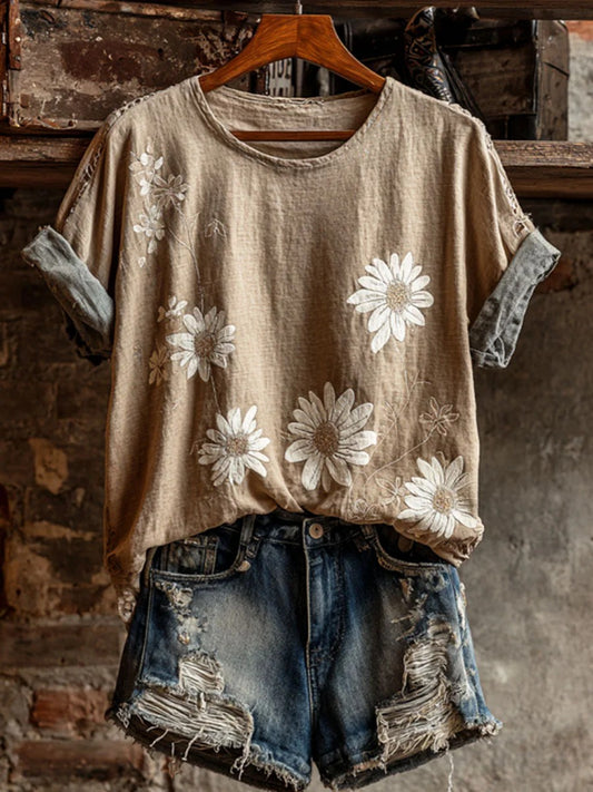 Women's Vintage Floral Art Print Casual Slim Short Sleeve T-Shirt