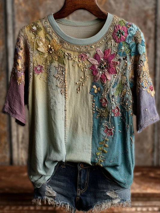 Women's Vintage Floral Art Print Casual Short Slim T-shirt