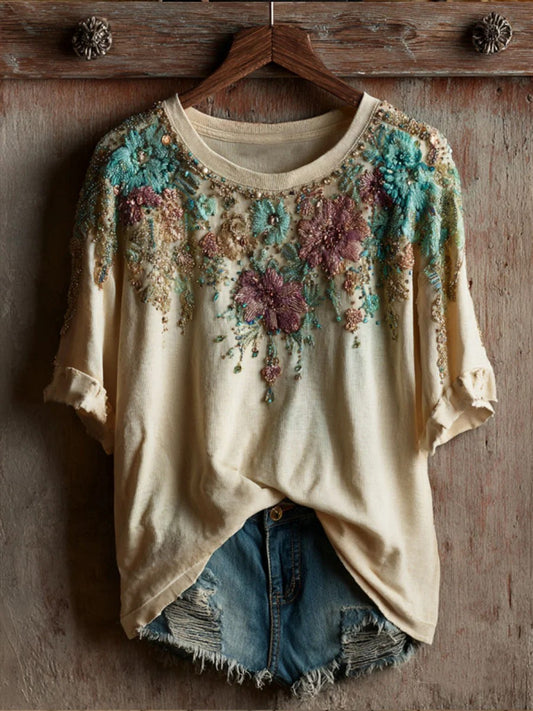 Women's Vintage Floral Art Print Casual Slim T-shirt