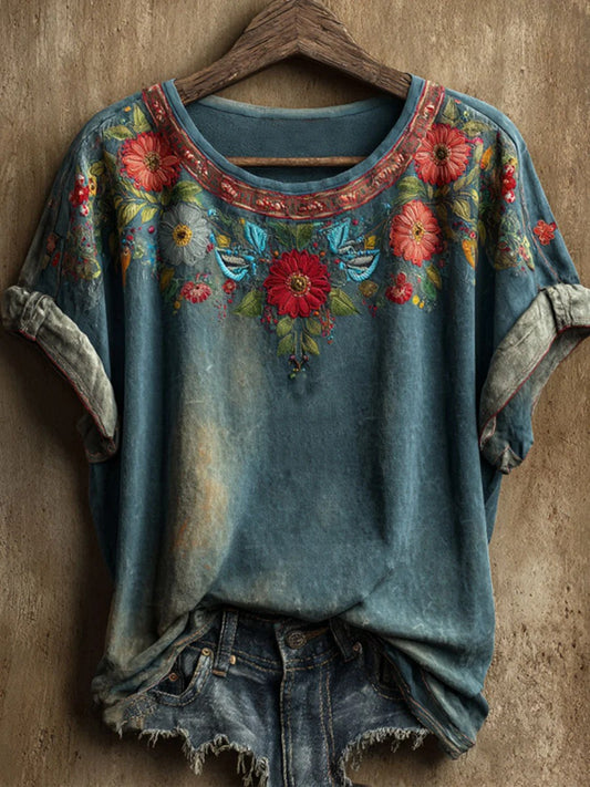 Women's vintage floral art print short sleeve casual t-shirt