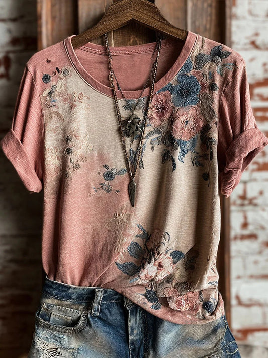 Women's Vintage Floral Art Print Casual Slim T-shirt