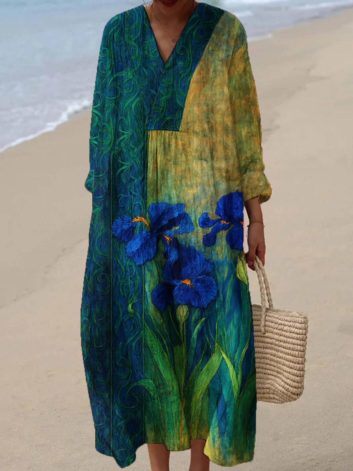 Kvinnors oljemålning Inspirerade Irises Broderade Flowy linne Casual Klänning
